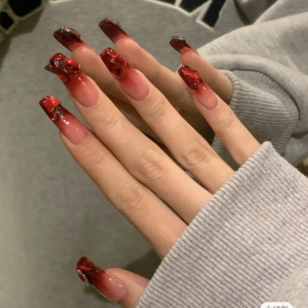 手工穿戴甲中长款红色闪钻美甲新年战甲秋冬甲片高级ins显白婚甲