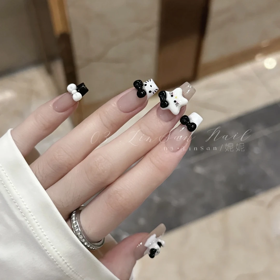 超可爱的手工穿戴甲法式kitty猫咪裸色美甲简约高级学生假指甲贴