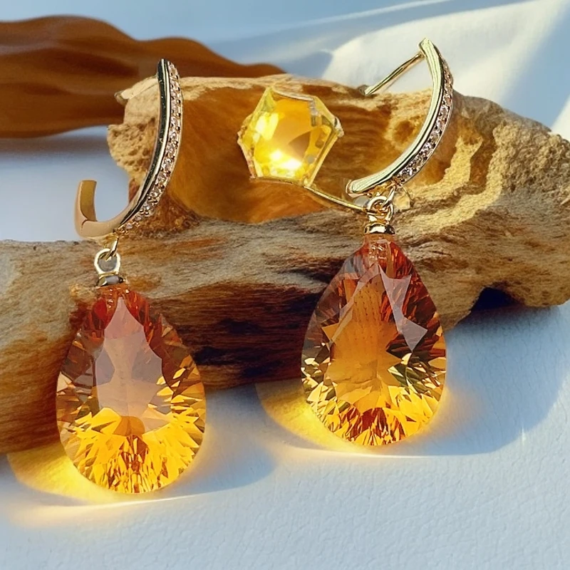 天然S925银镶深黄色黄水晶耳夹耳饰