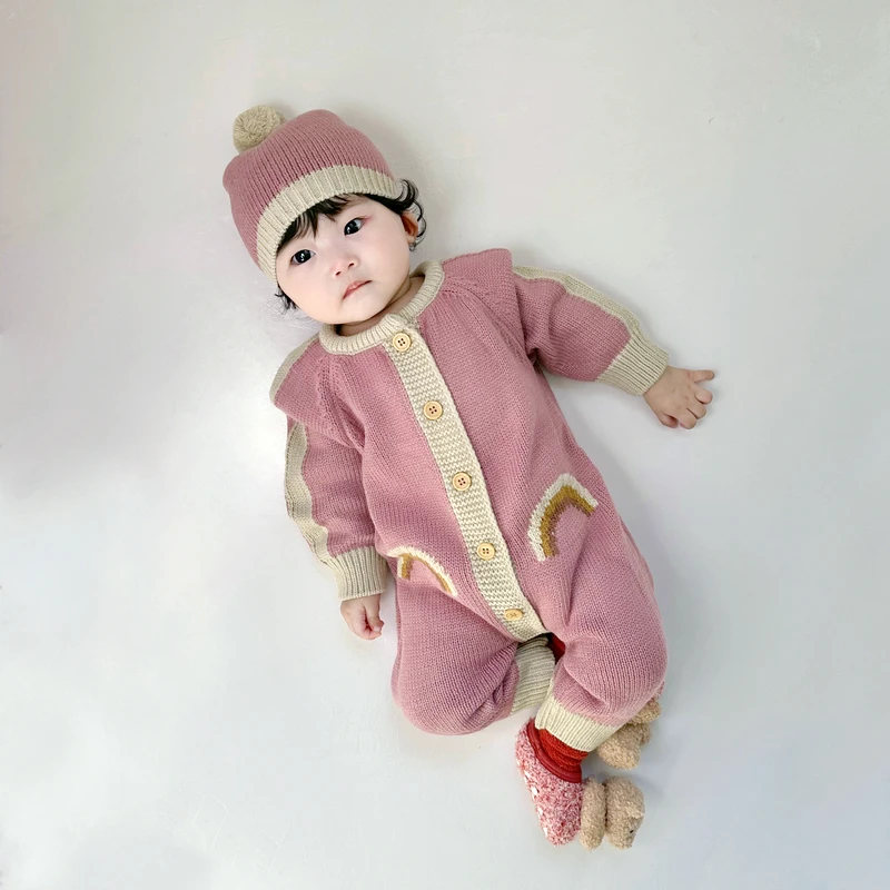 春秋冬女宝宝婴儿新款连帽针织毛线彩虹连体哈衣爬服外出服帽子