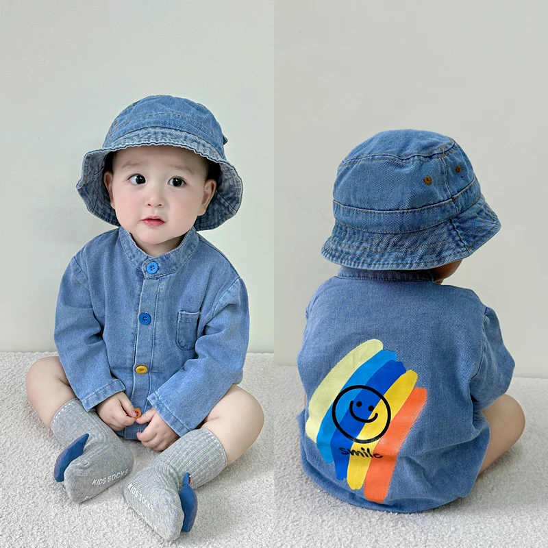 婴儿长袖连体衣0-2岁春装春秋款男女宝宝牛仔哈衣新生儿彩扣爬服