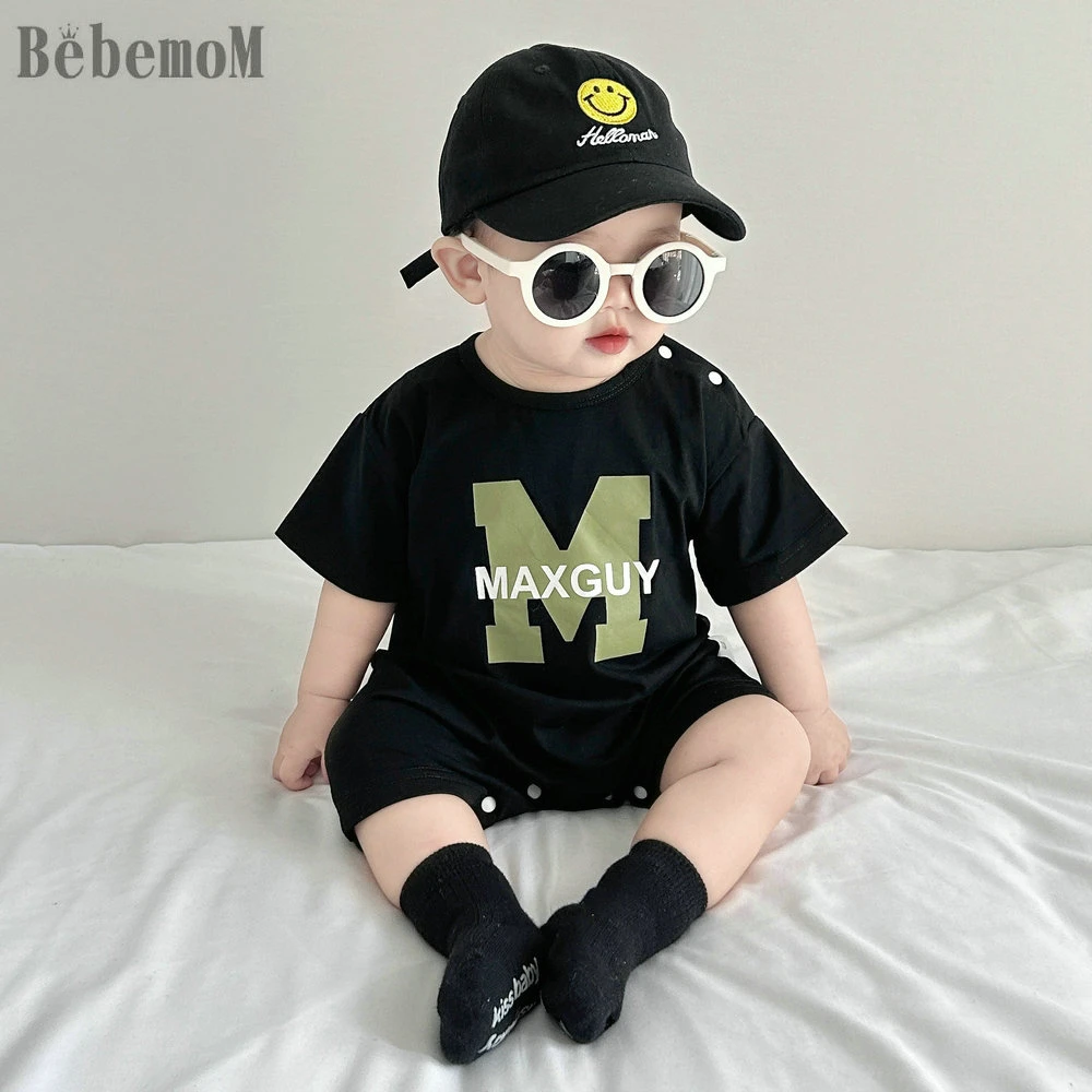 夏季韩版婴儿短袖爬服男宝宝休闲洋气字母连体衣黑色薄款韩版夏装
