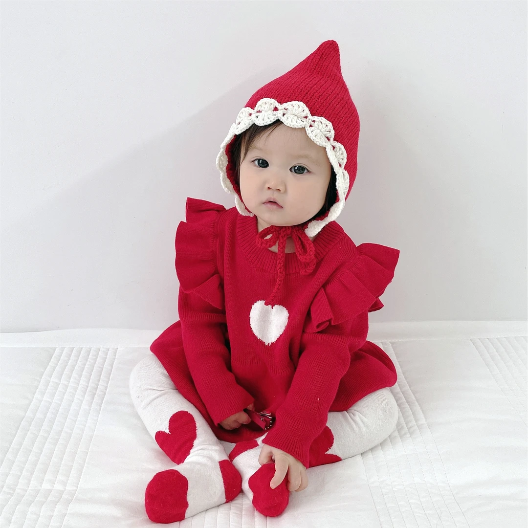 春秋冬婴幼儿女童宝宝红色婴儿过年衣服针织棉纱连体衣哈衣爬服