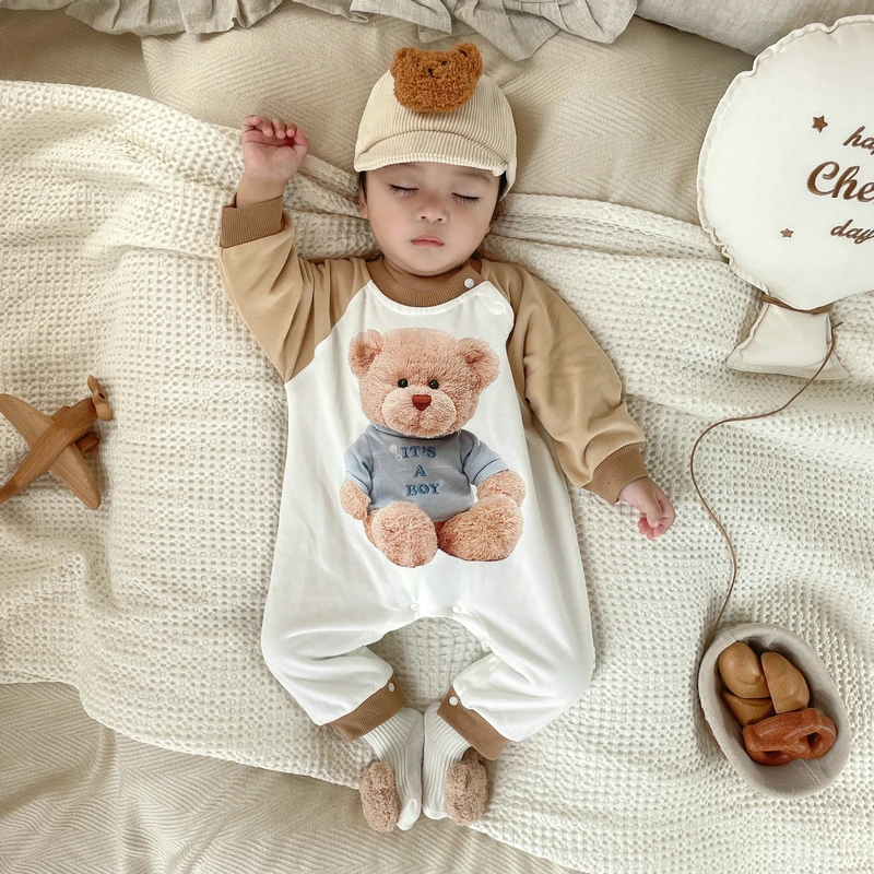 春秋款卡其小熊潮流卫衣款式连身衣0-2岁男女宝宝婴儿秋装哈衣爬