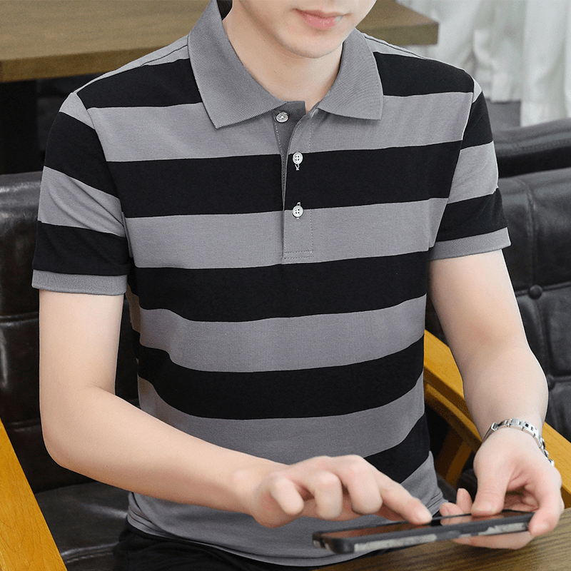 德鱼猫 条纹男士短袖polo衫有领t恤潮流T恤衫男装夏季体恤衫上衣服翻领