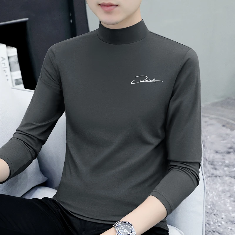 半高领打底衫男士百搭长袖t恤纯色中领春秋男装内衣体恤外穿秋衣