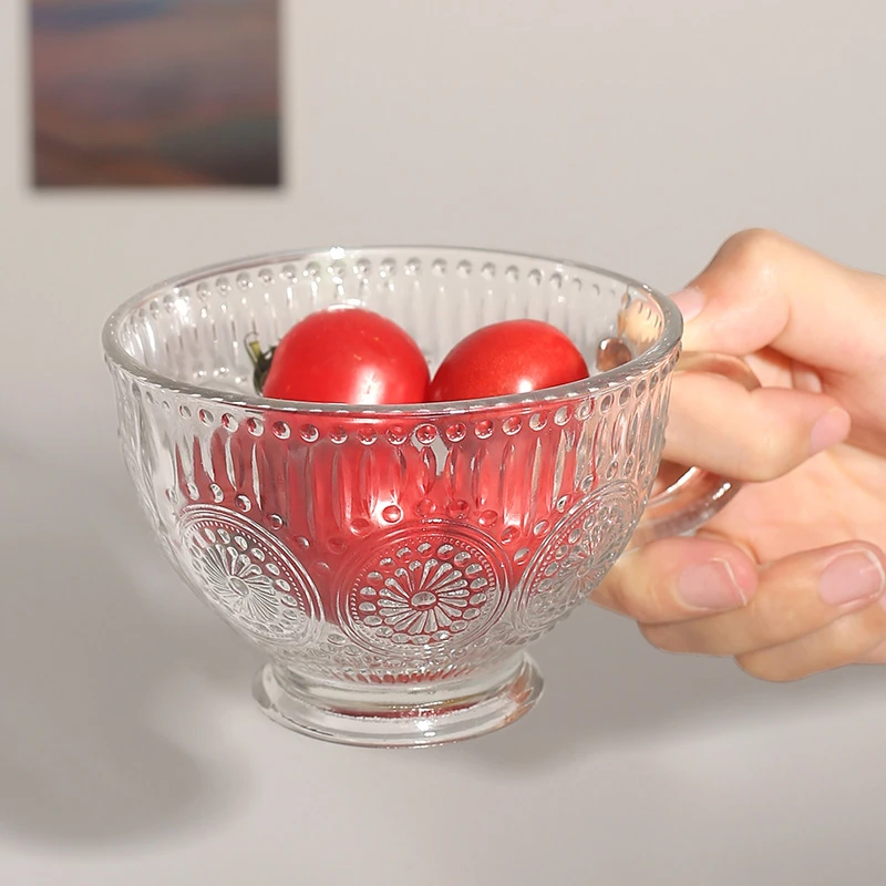 复古浮雕透明玻璃杯子ins风太阳花把杯简约喝水杯餐杯