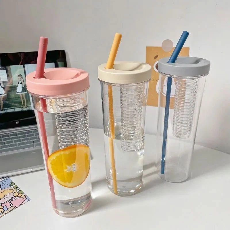 高颜值简约水杯大容量男女学生折叠吸管杯子防摔耐高温夏季果汁杯