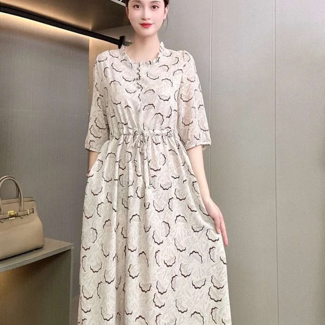 云朵白裙淡雅气质中袖连衣裙收腰休闲系带长裙时尚印花
