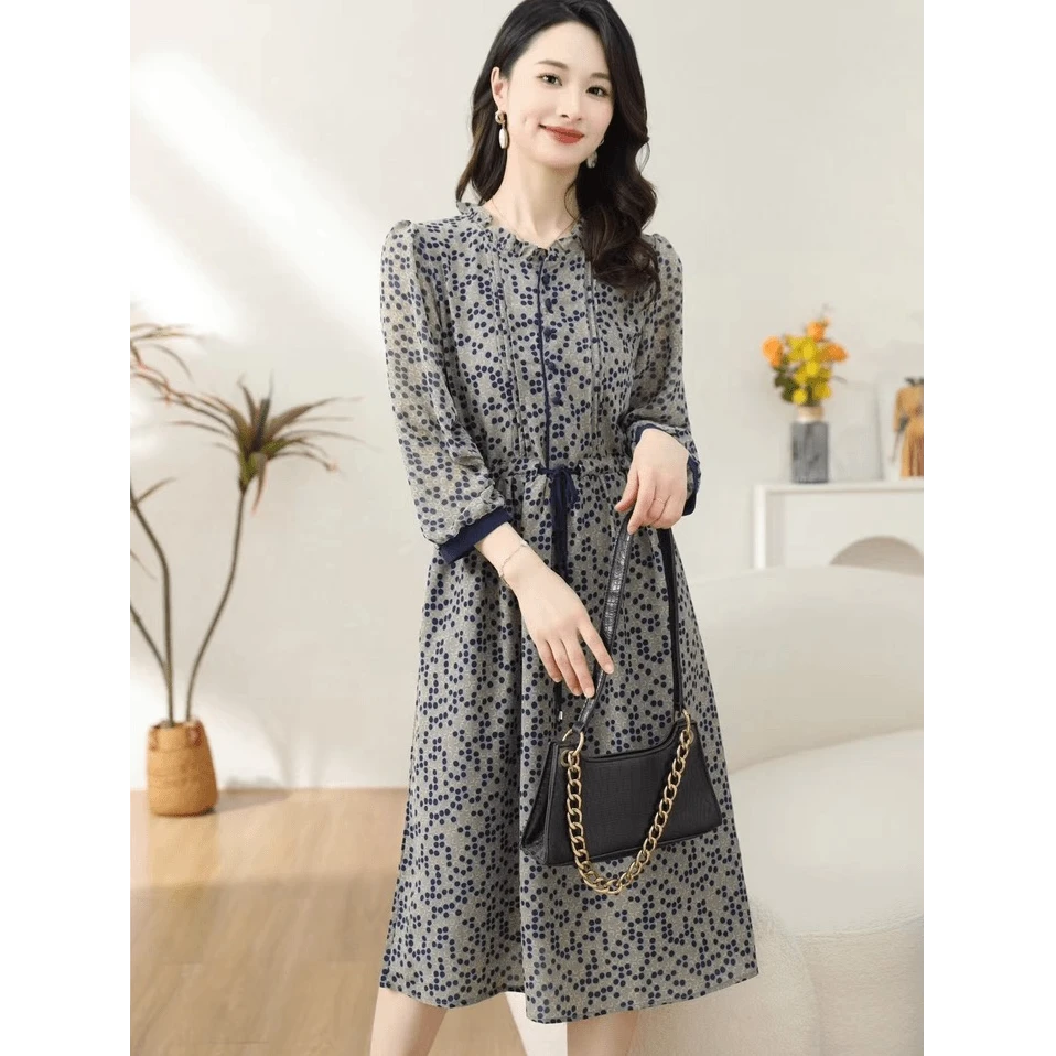 蓝色点点长袖 时尚休闲夏季法式收腰女装系带气质百搭连衣裙