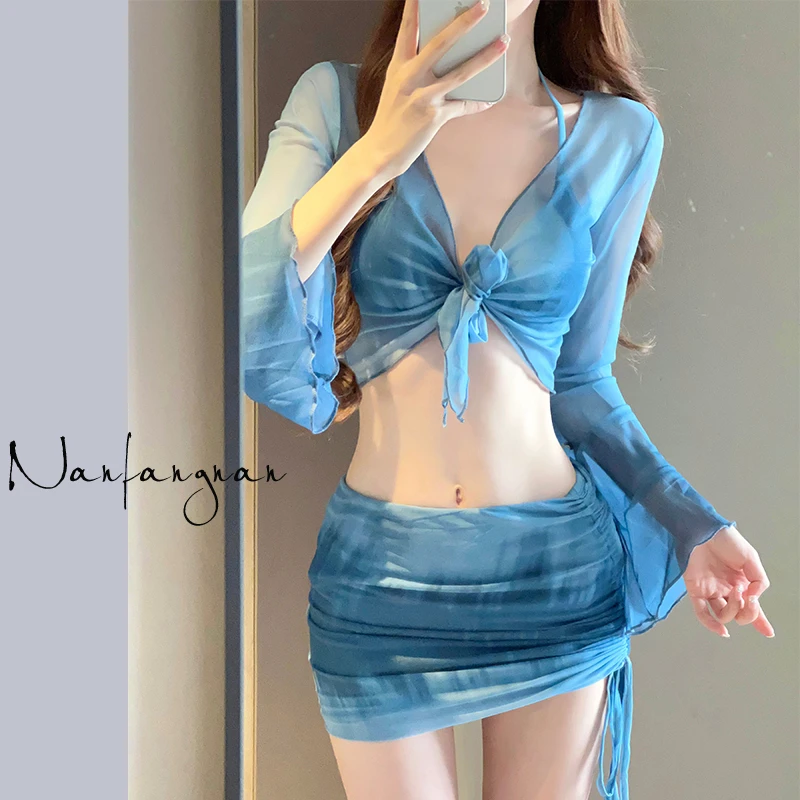 比基尼泳衣女2024新款海边度假四件套保守高级感分体泳装泡温泉
