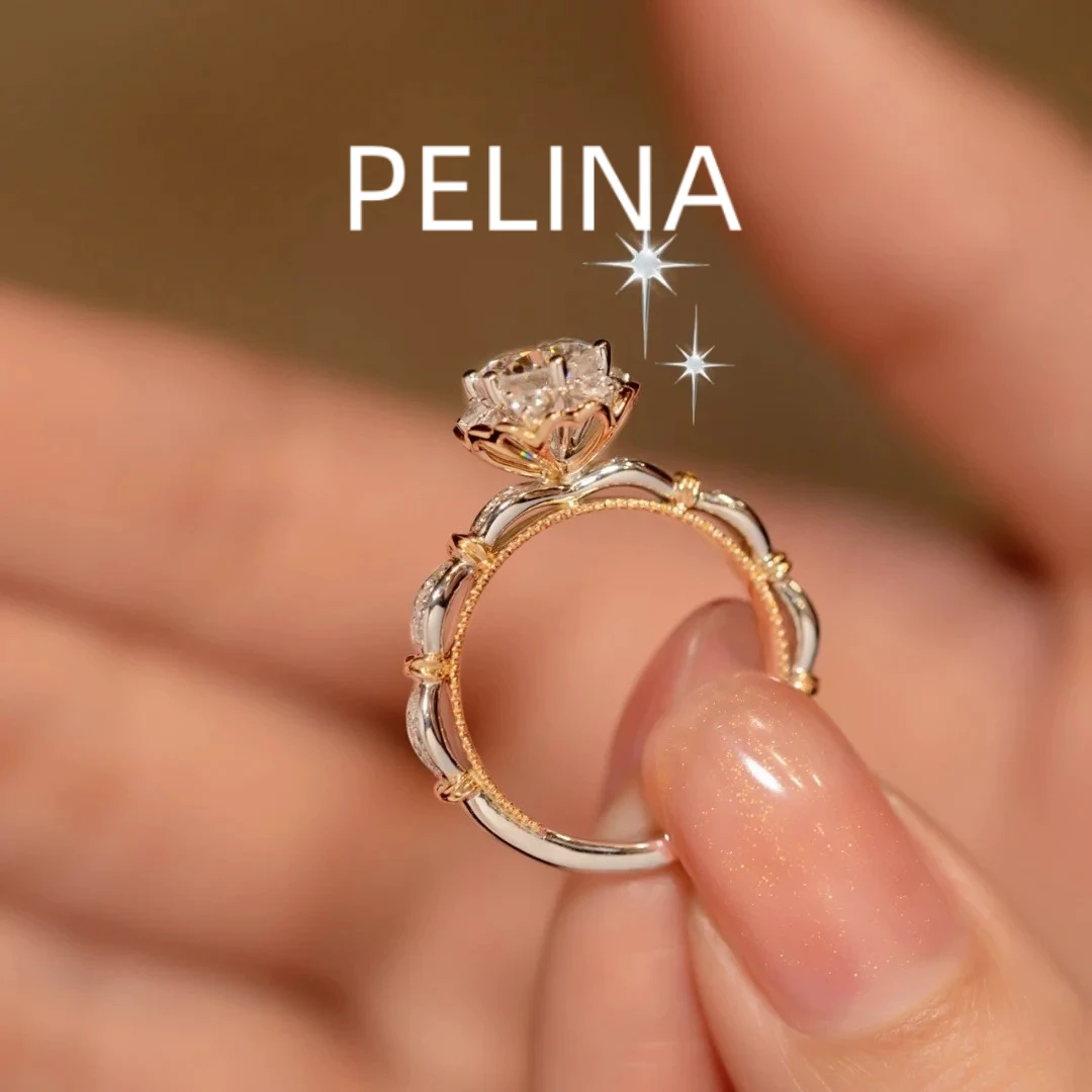 PELINA莫桑戒指双色1克拉花苞钻戒玫瑰金色镂空波纹轻奢优雅时尚