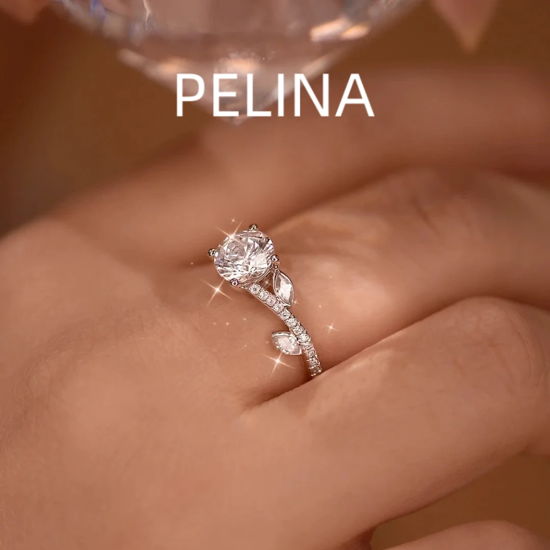 PELINA莫桑戒指1克拉玫瑰花钻戒叶子造型轻奢潮流新款时尚钻戒