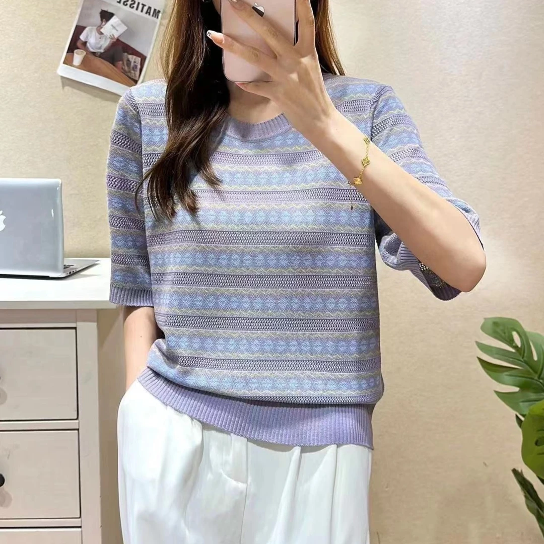 【云紫短袖】女士新款圆领宽松夏季时尚百搭针织短袖上衣256