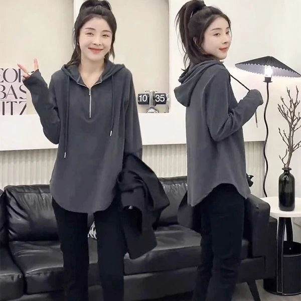 2025年韩版新款宽松弧形大码女装拉链连帽卫衣女长袖上衣百搭时尚