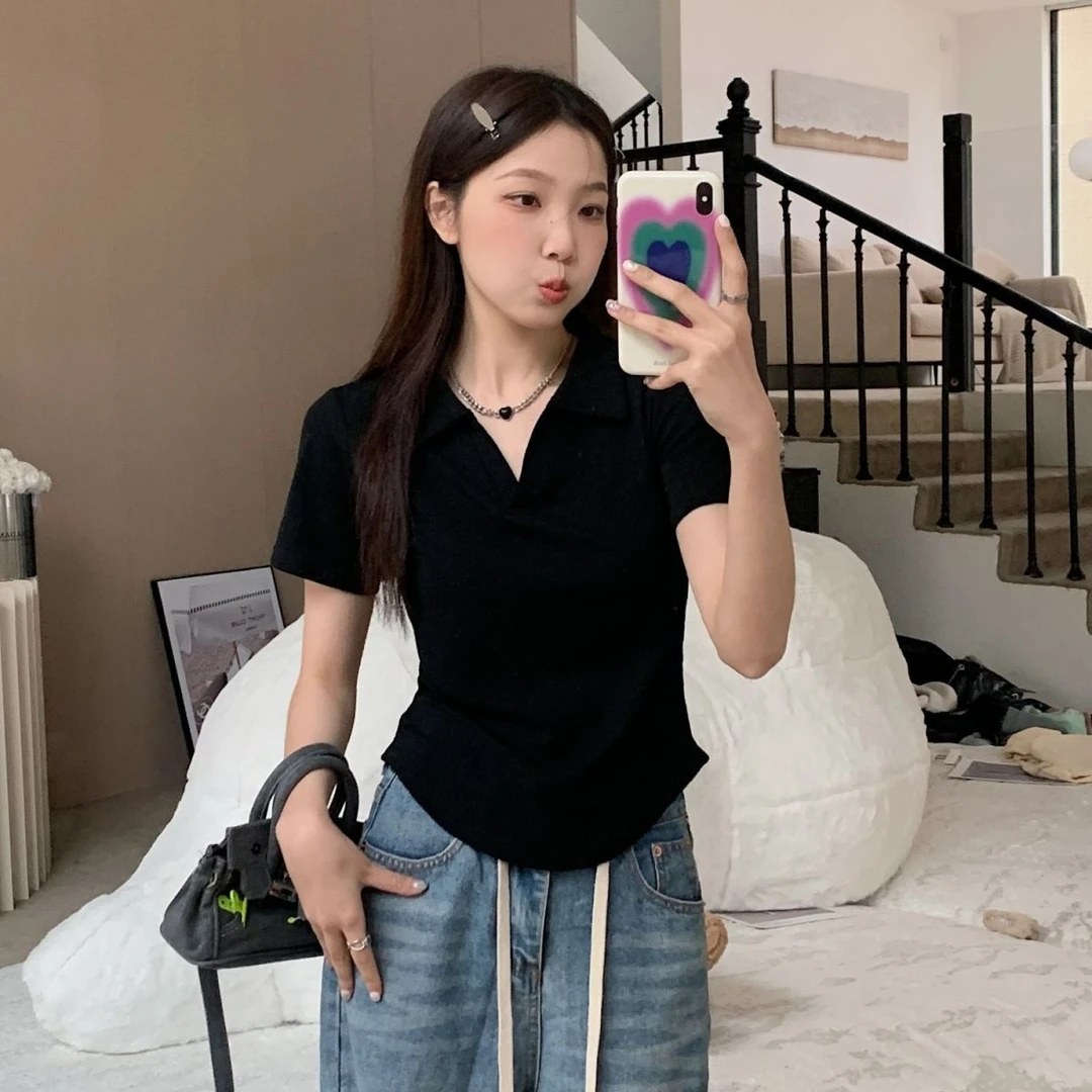正肩polo衫短袖t恤女夏季大码胖mm200斤显瘦设计小众别致辣妹上衣
