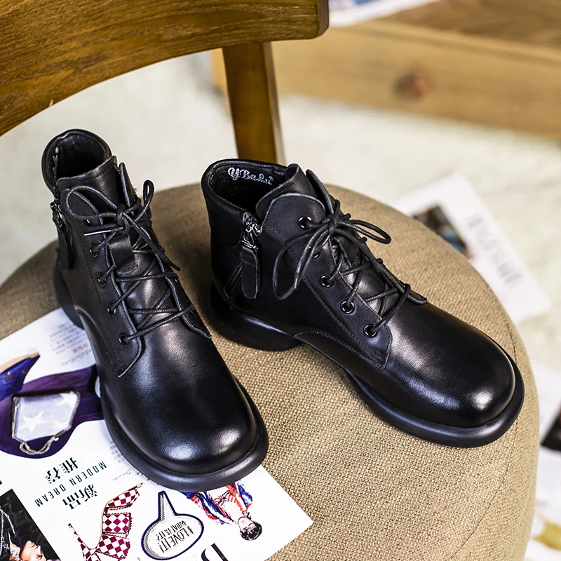黑色头层牛皮短靴侧拉链马丁靴复古系带软底百搭女靴厚底靴子