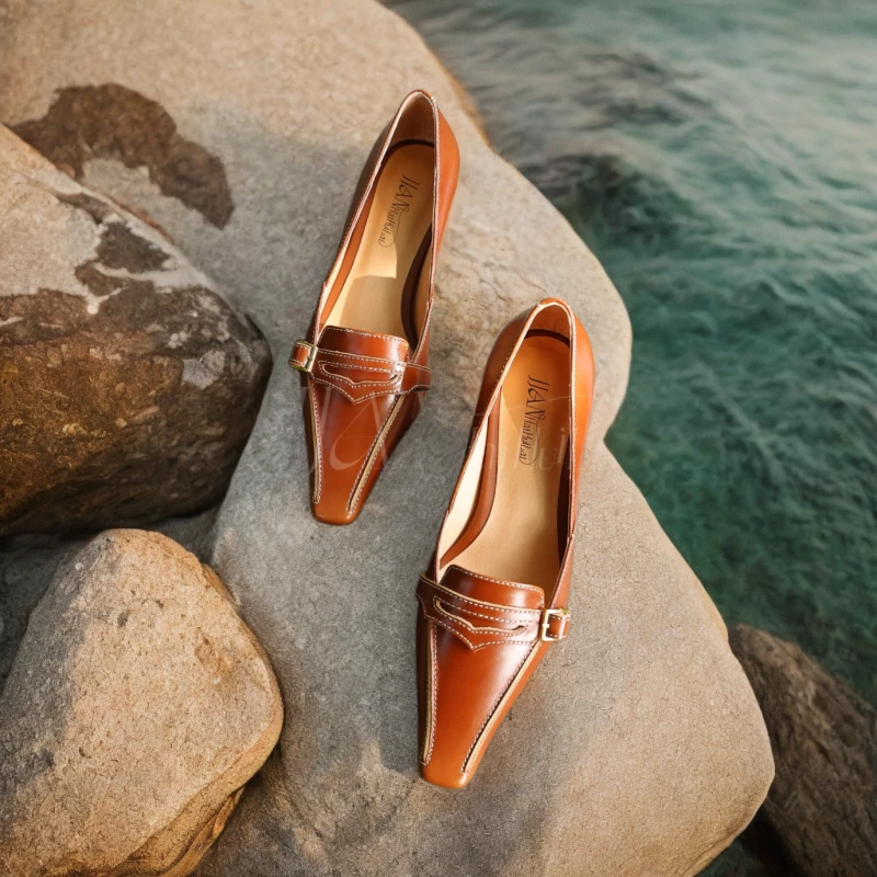 JJAN HAIHUILAI原创设计 真皮摩登法式复古方头猫跟真皮单鞋女