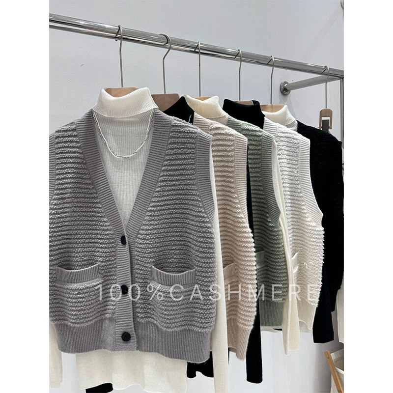 【100%山羊绒】双股加厚彩点V领马甲背心女