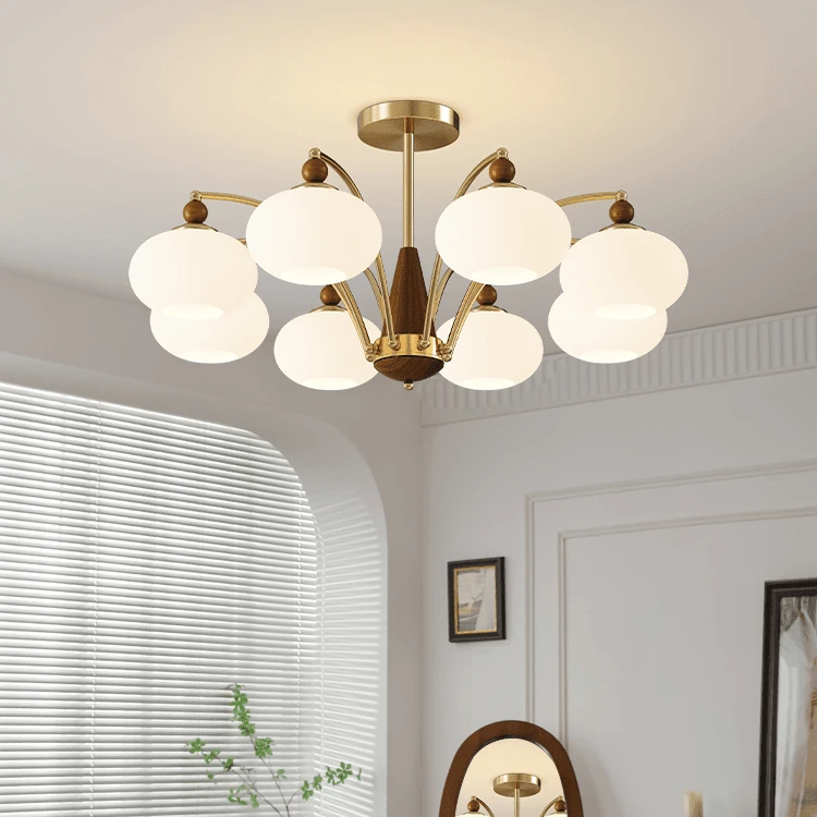 客厅吊灯原木中古风胡桃木色复古创意实木柿子玻璃餐厅卧室大厅灯