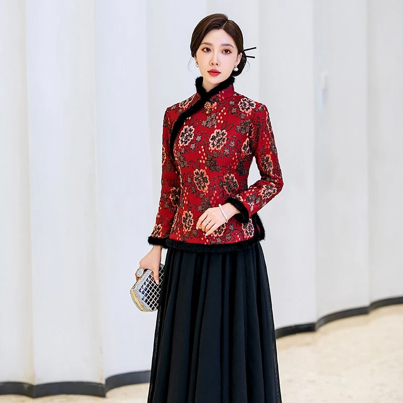 海棠花  中国风复古加绒加厚保暖旗袍小上衣