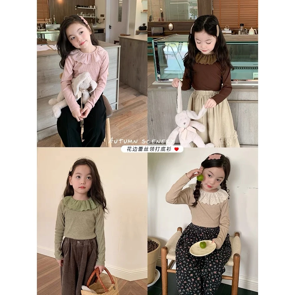 【7A抗菌】2024秋季新款韩版女童洋气柔软舒适蕾丝花边领打底衫