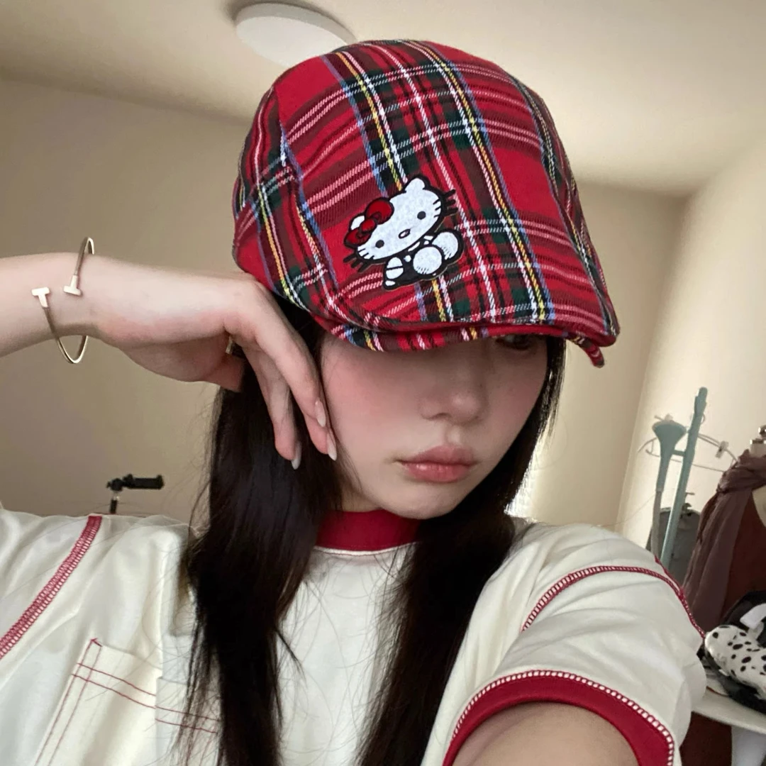 可爱kitty复古格子帽子报童帽薄款透气前进帽女显脸小鸭嘴帽韩版