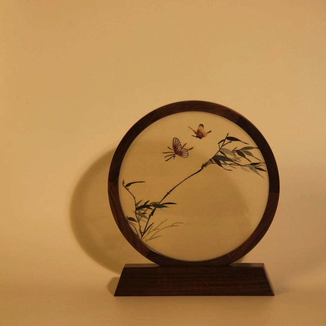 纯手工竹子蝴蝶双面苏绣精品摆件客厅玄关送人必备摆件锦盒包装