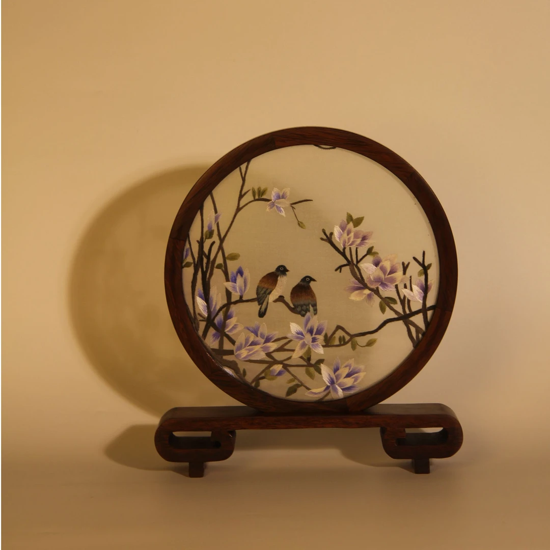 纯手工花鸟云脚架双面苏绣精品摆件客厅玄关送人必备摆件锦盒包装