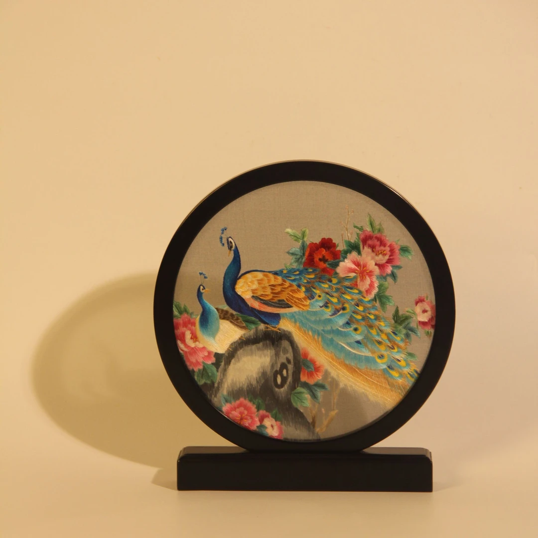 纯手工孔雀紫光檀双面苏绣精品摆件客厅玄关送人必备摆件锦盒包装