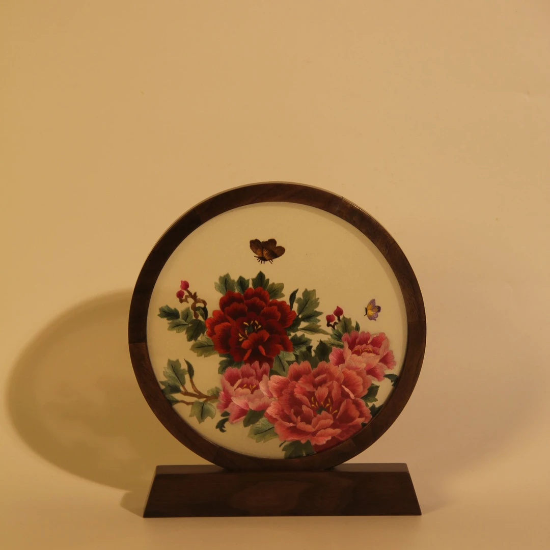 纯手工牡丹胡桃木双面苏绣精品摆件客厅玄关送人必备摆件锦盒包装