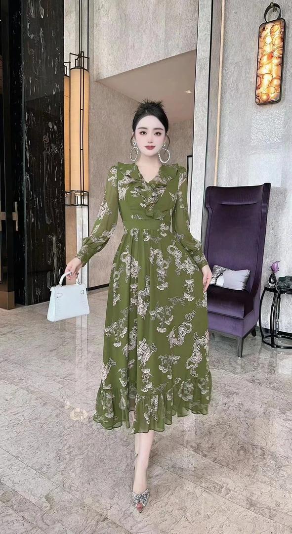 22082-G-1-1-1  法式碎花中长连衣裙气质显瘦 海边度假沙滩长裙子