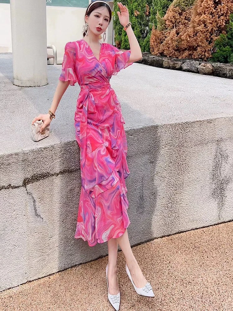 2558-G-1-1-1  超好看雪纺印花飘逸田园风气质修身显瘦高腰连衣裙