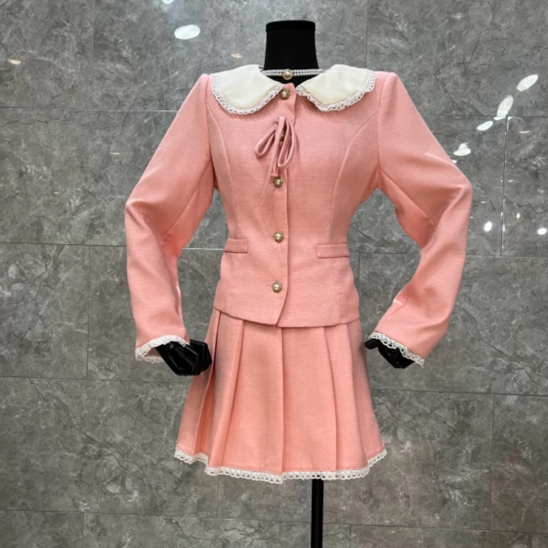 555-G-1-1-1 深圳南油高端女装小香风翻领蝴蝶结上衣百褶短裙套装