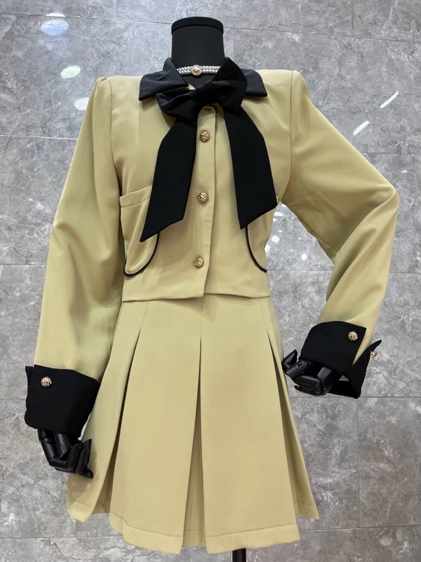 30322-G-1-1-1 新款小香风撞色蝴蝶结外套时尚减龄百褶裙两件套女