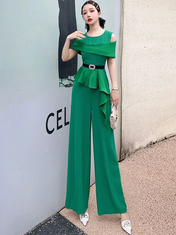 61329-G-1-1-1 洋气时尚荷叶边修身显高显瘦高腰阔腿裤夏季连体裤