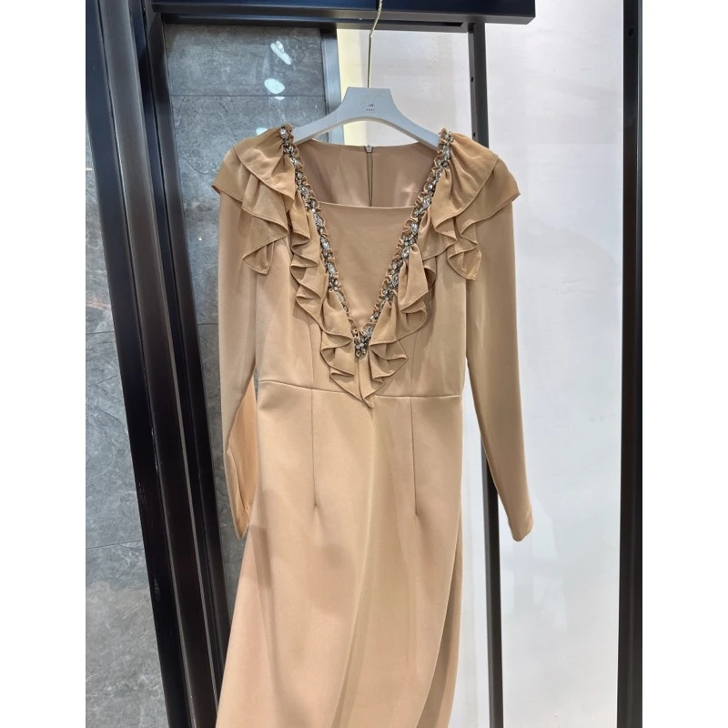 90875-G-1-2-1  春夏连衣裙特价荷叶边钉珠立领长袖镶钻甜美A字裙