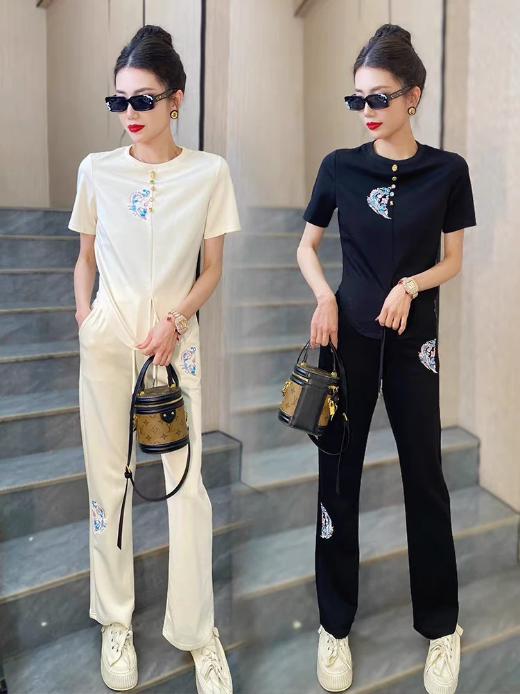 2439-B-4-4-4  新中式国风运动套装新款刺绣显瘦短袖阔腿裤两件套