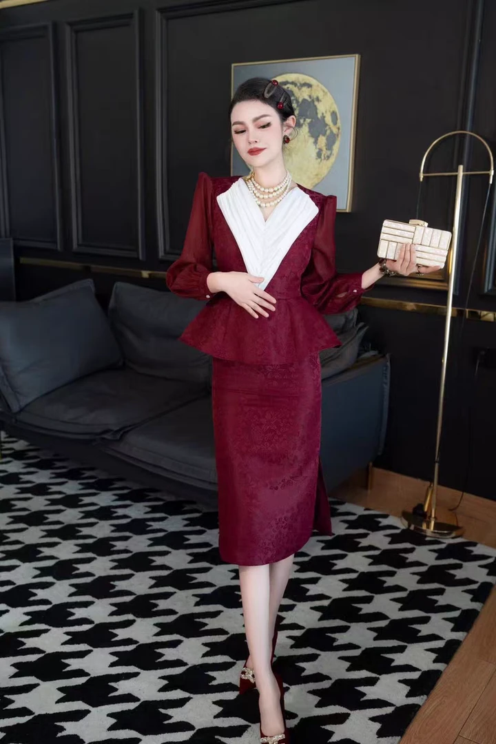 239009-G-1-1-1     撞色拼接包臀裙V领荷叶边优雅气质连衣裙春秋