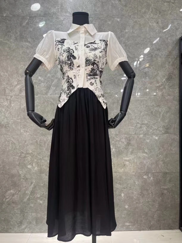 668-G-2-6-1   新款设计感翻领拼接雪纺衬衫加半身裙气质显瘦套装