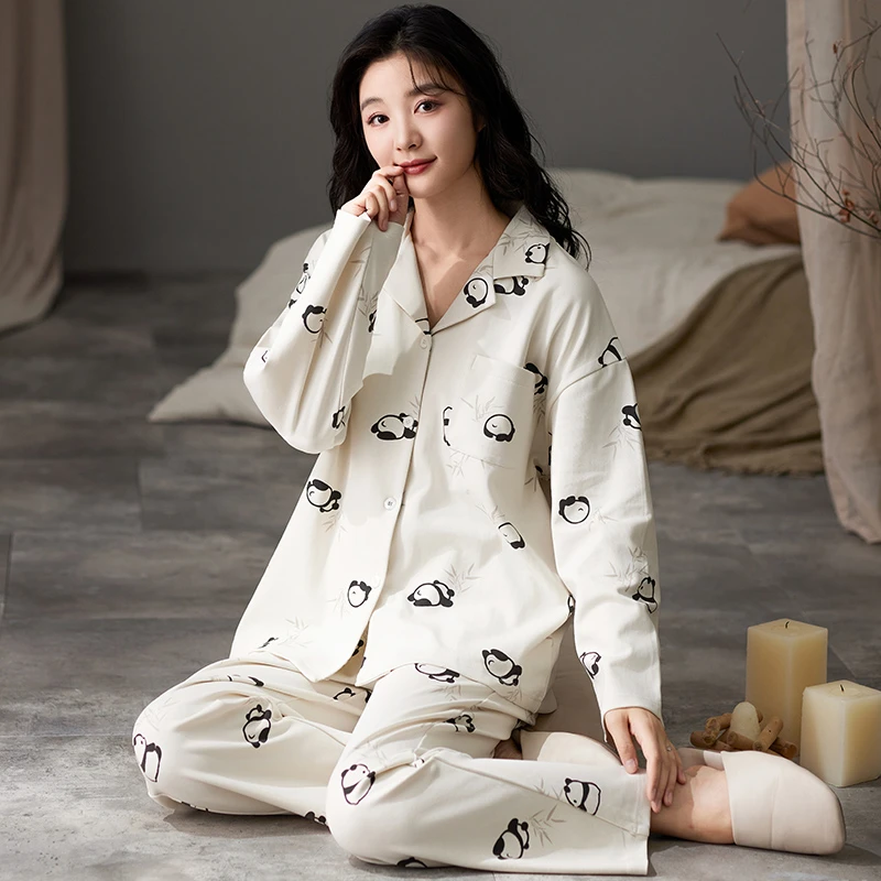 莉莉家女士2024新款纯棉开衫长袖长裤熊猫纯版睡衣家居服套装外穿