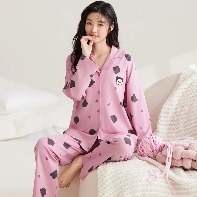 莉莉家女士2024新款纯棉开衫长袖长裤粉小爱心睡衣家居服套装外穿