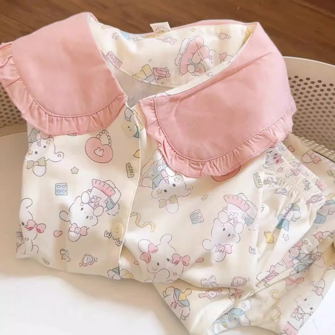 日系小兔长袖睡衣女春秋季卡通可爱娃娃领时尚韩版粉色学生家居服