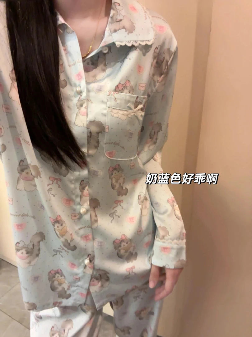 猫咪冰丝爆款睡衣女套装春秋季长袖长裤卡通可爱居家居服韩版薄款