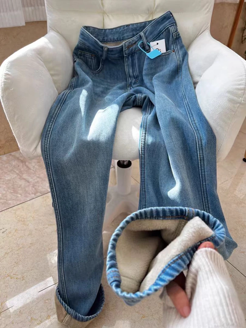 【腾】复古窄版加绒牛仔裤女新款秋冬宽松直筒小个子梨型身材阔腿裤