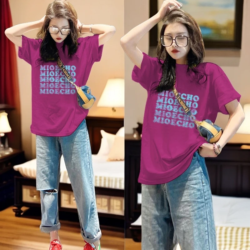 纯棉字母短袖t恤女2025新款爆款宽松独特漂亮减龄款玫红色上衣ins