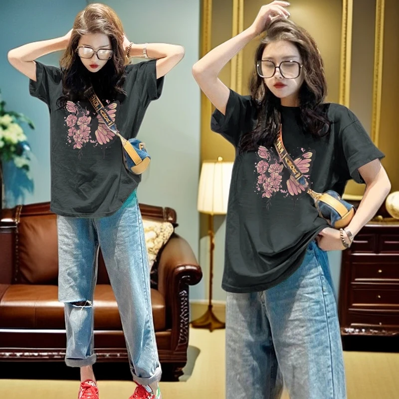 高级感灰色纯棉蝴蝶印花短袖t恤女2025新款爆款宽松洋气上衣女装