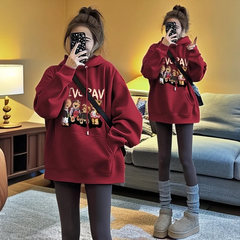 重磅新款酒红色连帽卫衣女秋冬季大码显瘦宽松加绒加厚慵懒风上衣