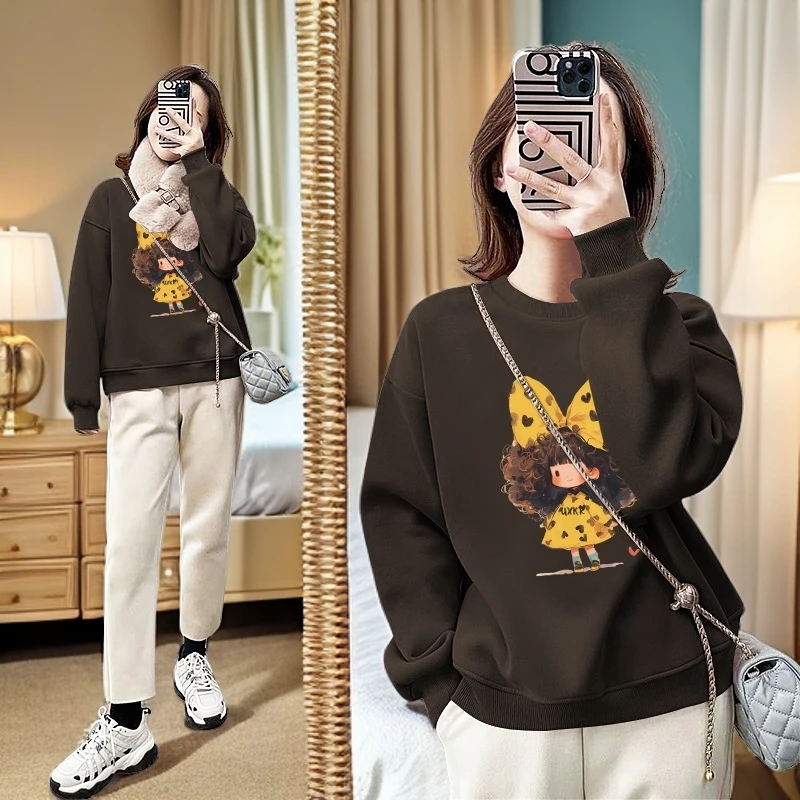 深咖色卡通女孩圆领卫衣女秋季薄款外套宽松加绒加厚大码显瘦上衣