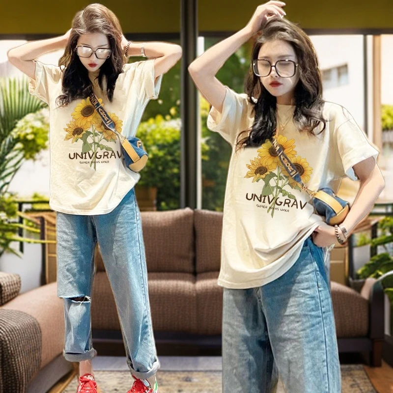 高级感杏色纯棉短袖女t恤夏季新款宽松洋气时髦微胖上档次上衣服